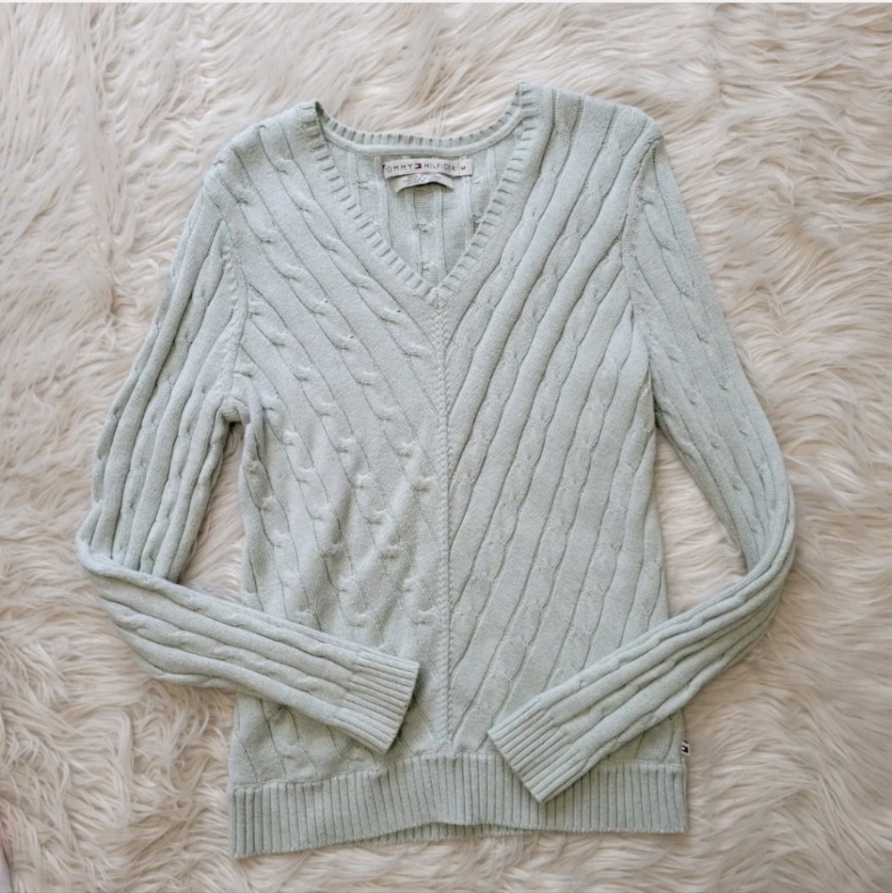 Tommy Hilfiger Womens Size M Sweater Cable Knit Long Sleeve Light Green V Neck